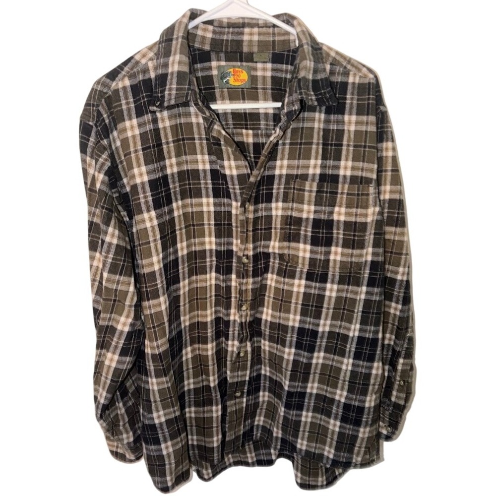 Bass Pro Shops Mens Large Plaid Flannel Button Down Shirt Olive Green Brown L